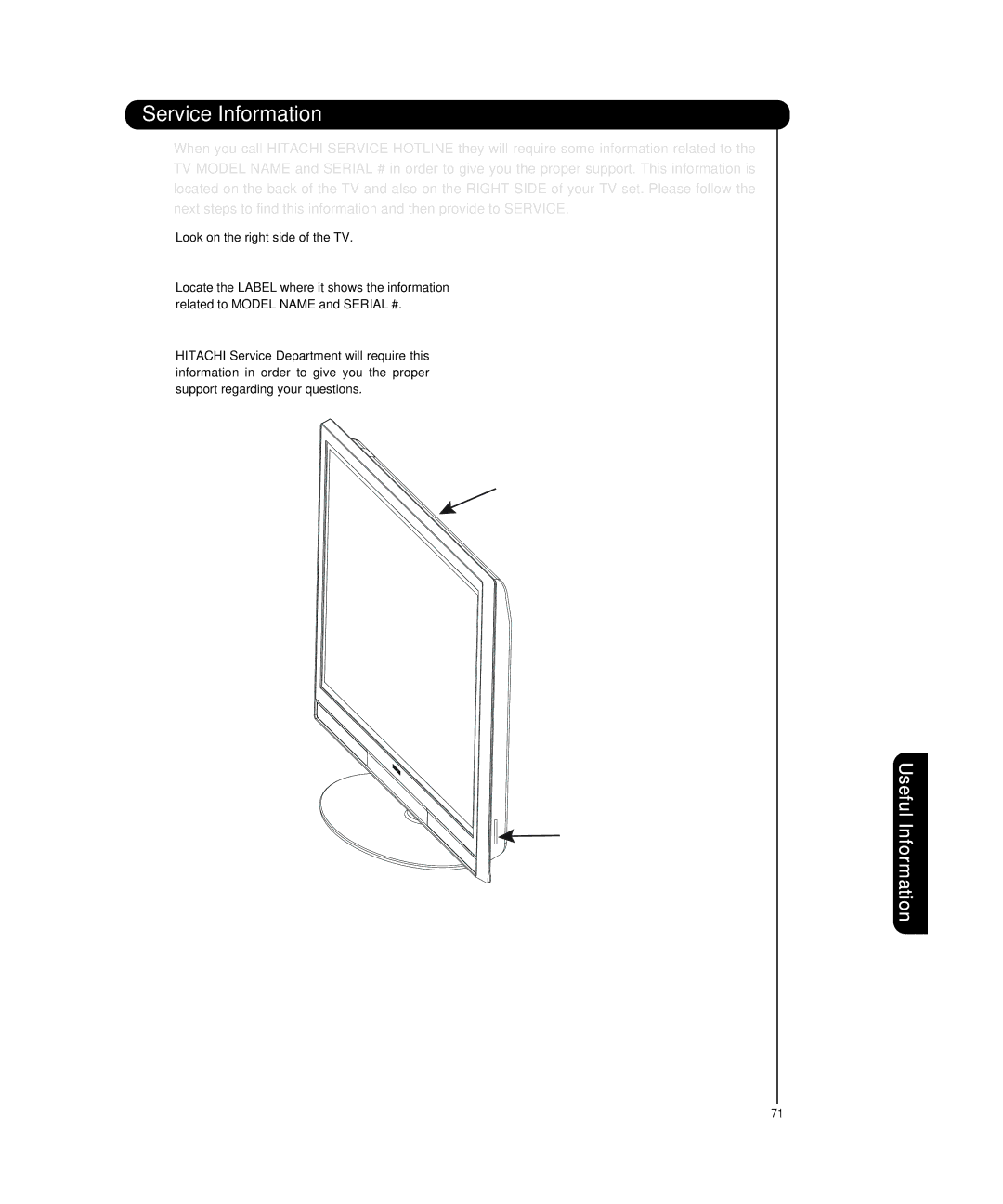 Hitachi P55T501 important safety instructions Service Information 