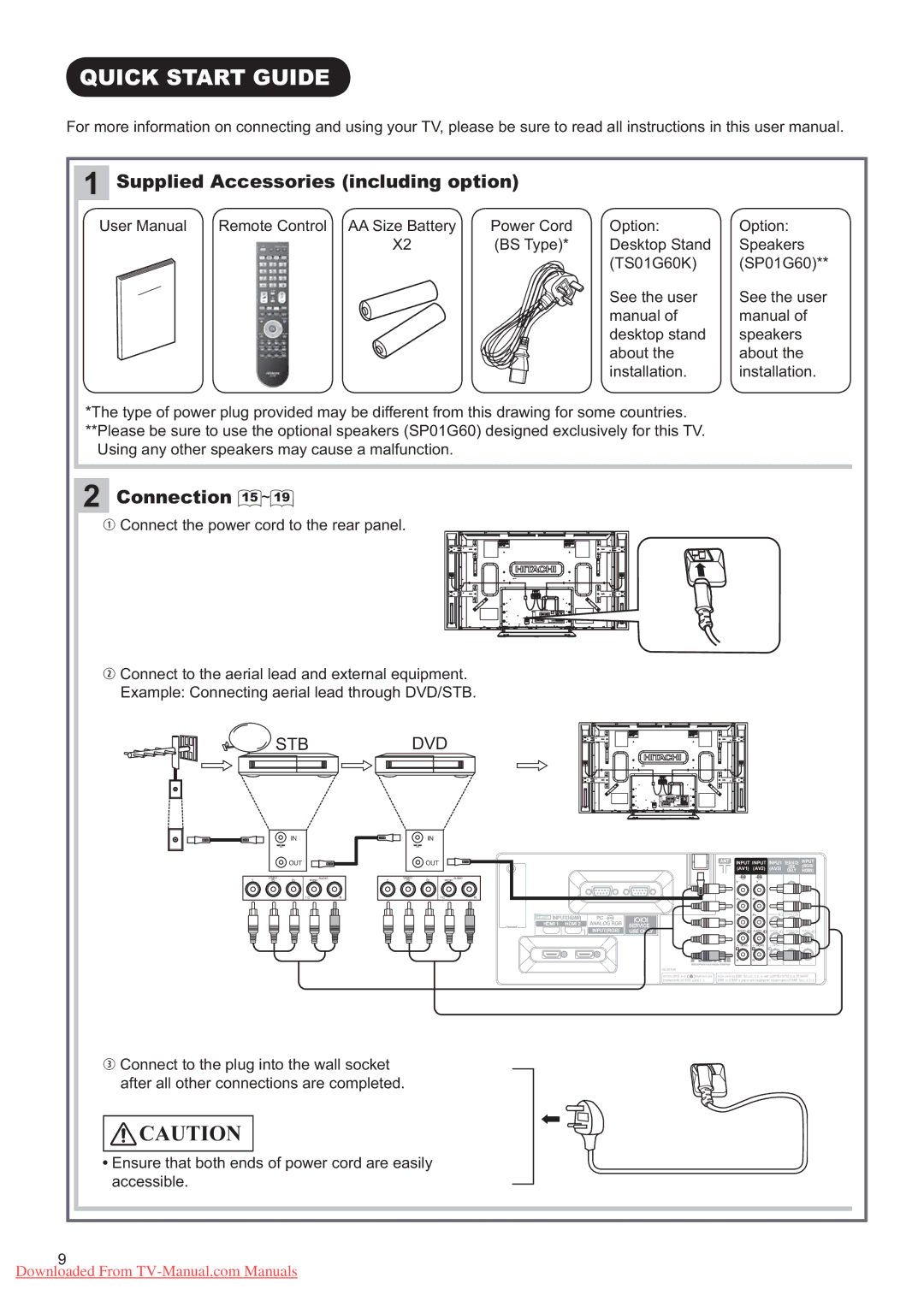 Hitachi P60X01A manual 48,&. 67$57 *8,  6XSSOLHG $FFHVVRULHV LQFOXGLQJ RSWLRQ, Rqqhfwlrq  