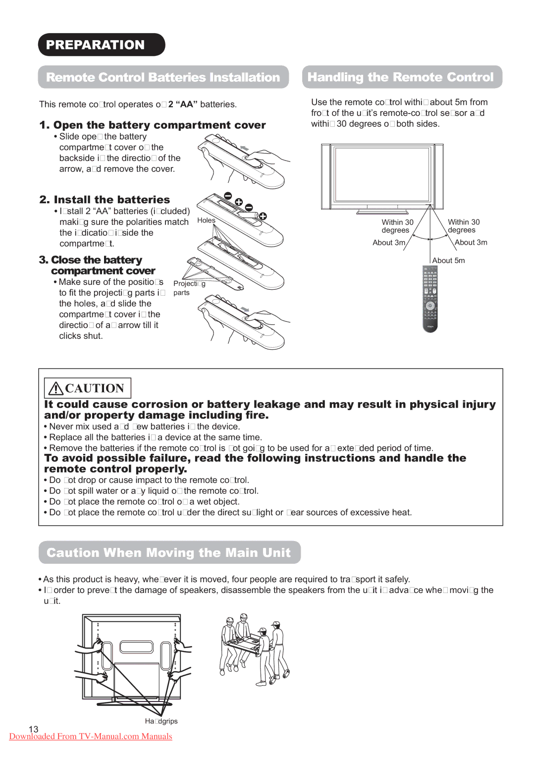 Hitachi P60X01A manual 353$5$7,21, DXWLRQ KHQ0RYLQJWKH0DLQ8QLW, 2SHQWKHEDWWHU\FR Sduw HQWFRYHU 