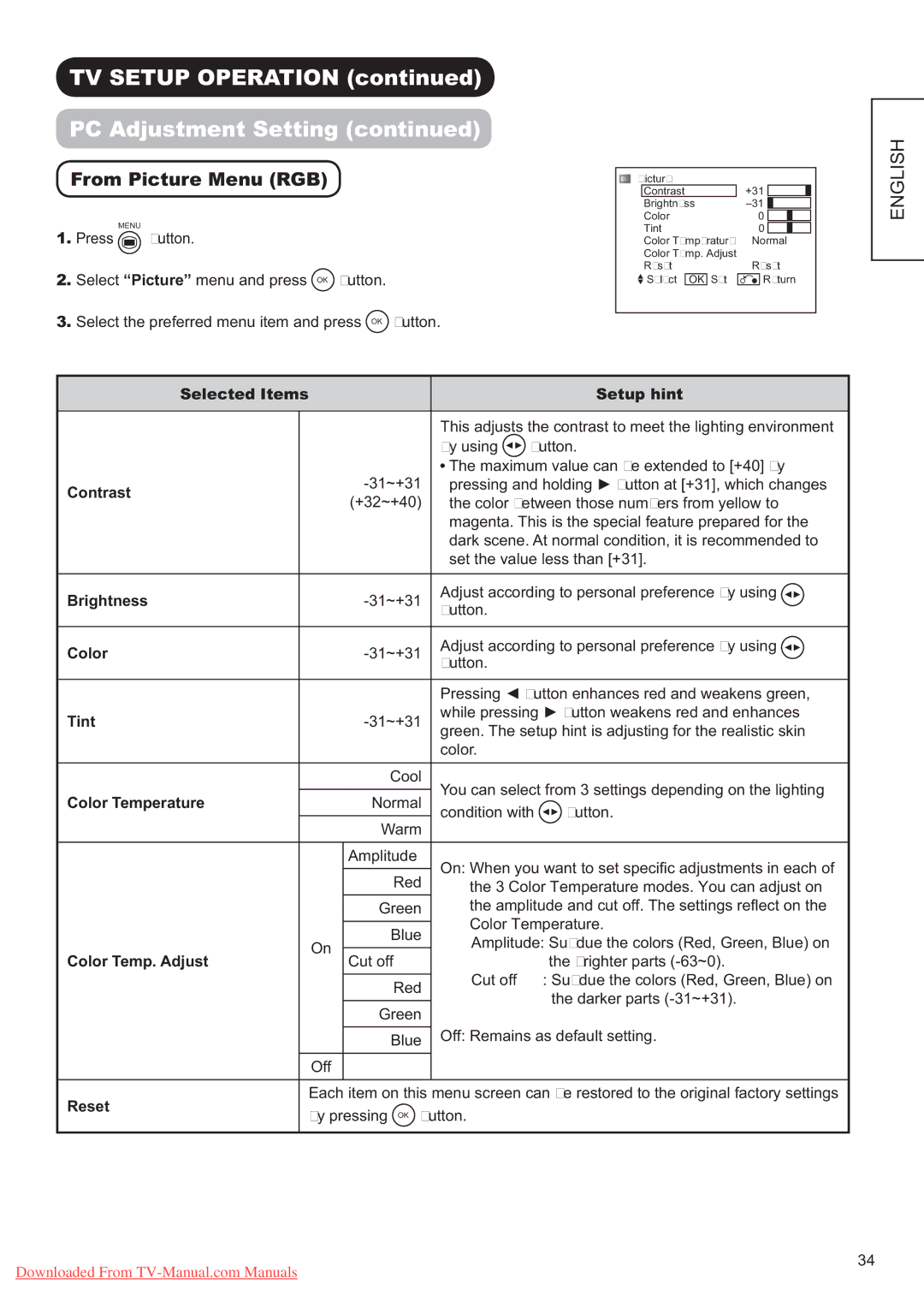 Hitachi P60X01A manual $GMXVW HQW6HWWLQJFRQWLQXHG, UR 3LFWXUH0HQX5*% 