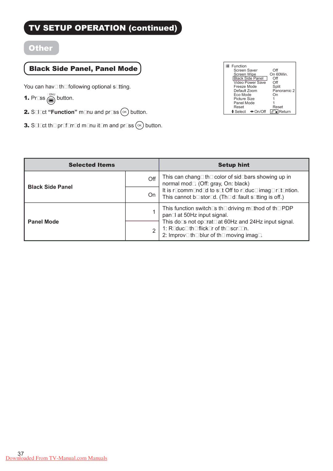 Hitachi P60X01A manual 2WKHU, ODFN6LGH3DQHO3DQHO0RGH 