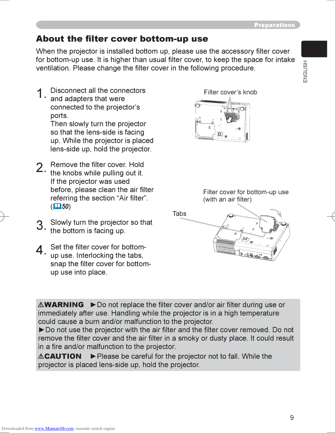 Hitachi PJ-LC9 user manual About the ﬁlter cover bottom-up use 