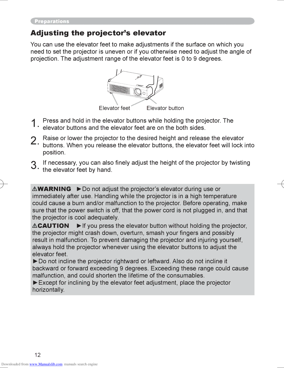 Hitachi PJ-LC9 user manual Adjusting the projector’s elevator 