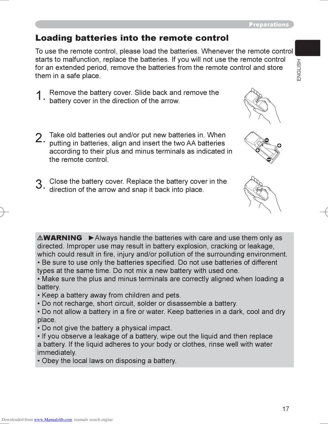 Hitachi PJ-LC9 user manual Loading batteries into the remote control 