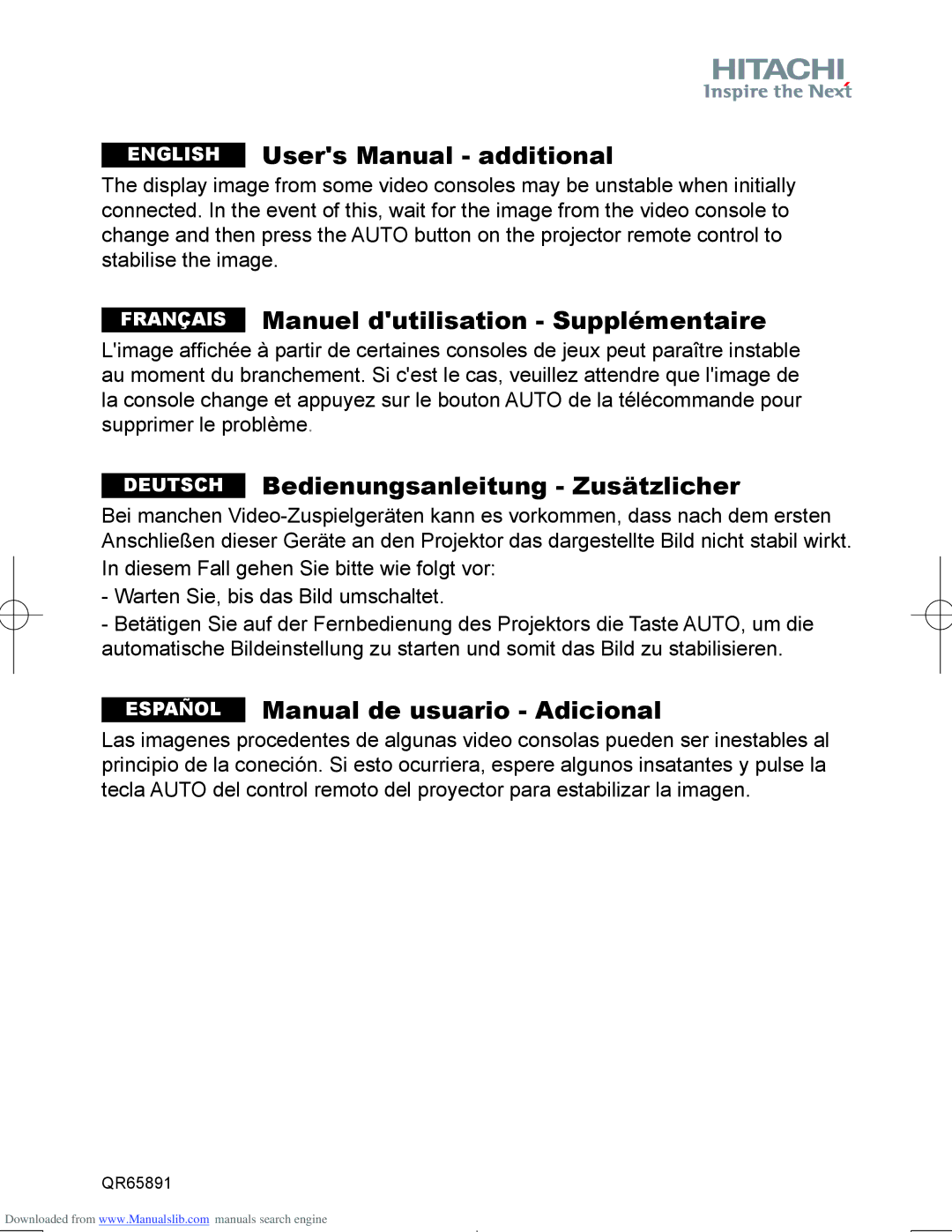 Hitachi PJ-LC9 user manual Français Manuel dutilisation Supplémentaire, Deutsch Bedienungsanleitung Zusätzlicher 