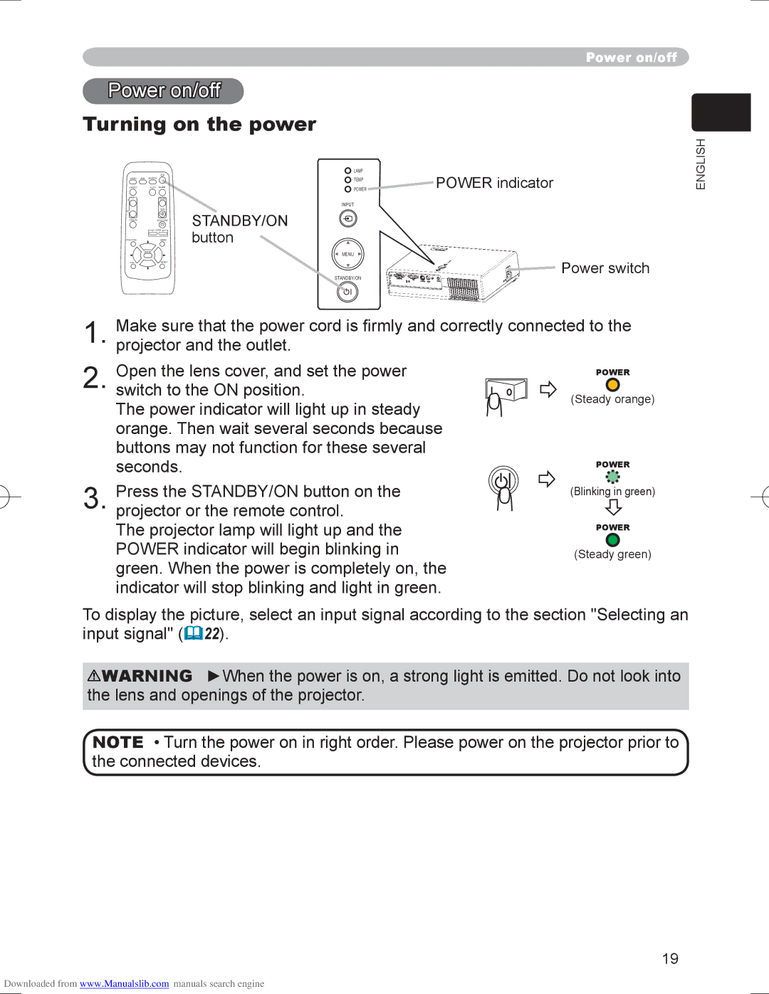 Hitachi PJ-LC9 user manual Turning on the power, Standby/On 