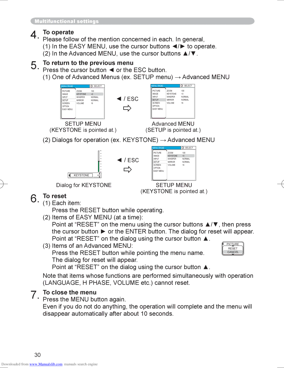 Hitachi PJ-LC9 user manual To operate, To return to the previous menu, To reset, To close the menu 