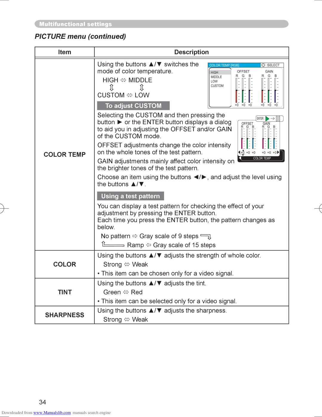 Hitachi PJ-LC9 user manual High  Middle, Custom  LOW, Color Temp 