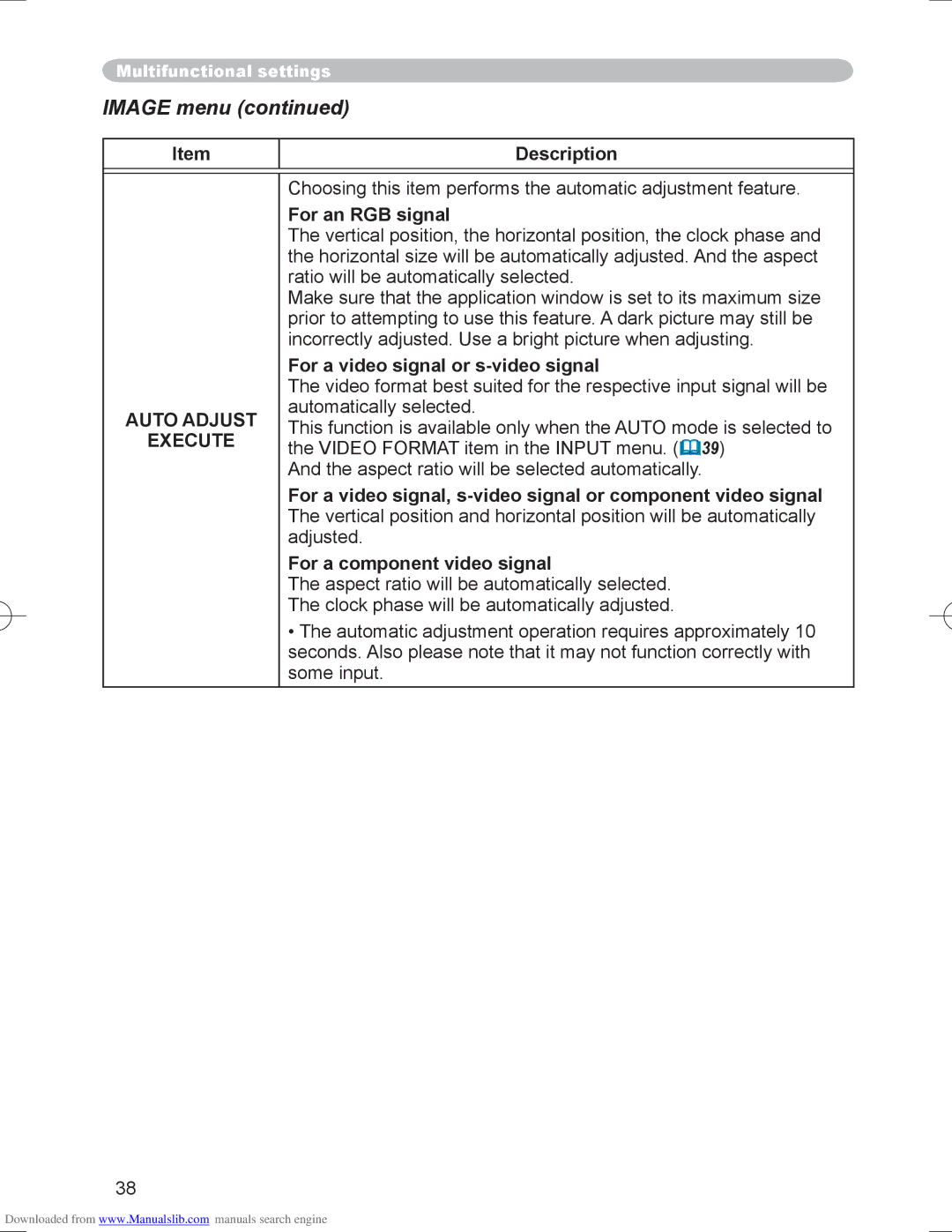 Hitachi PJ-LC9 user manual Auto Adjust Execute, For a video signal or s-video signal, For a component video signal 