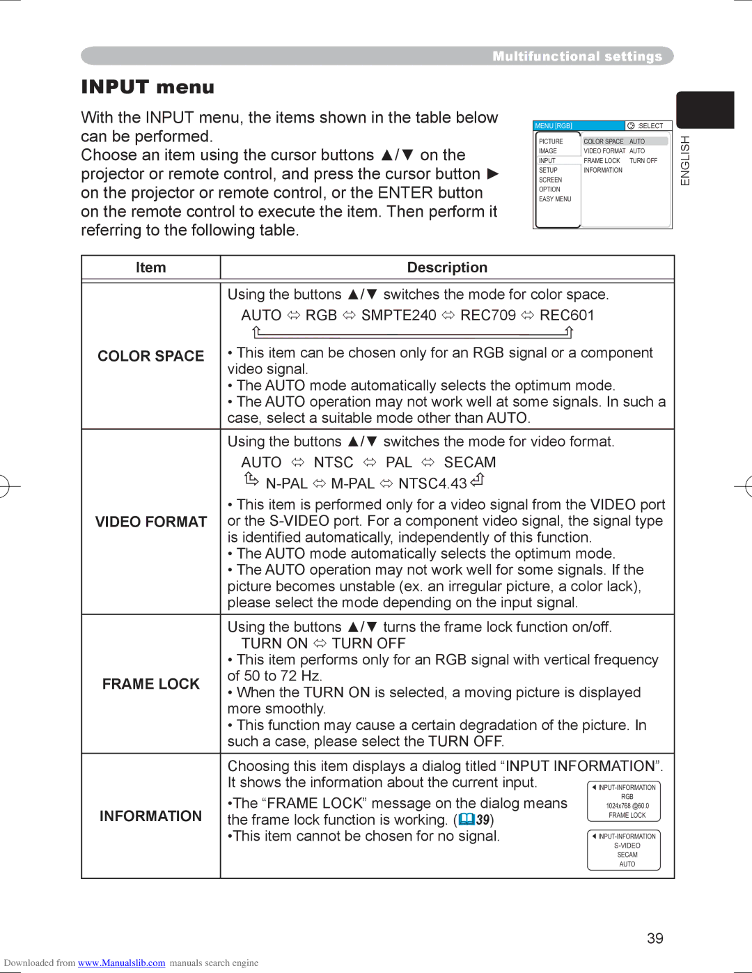 Hitachi PJ-LC9 user manual Input menu, Auto  Ntsc  PAL  Secam, Turn on  Turn OFF, Frame Lock 