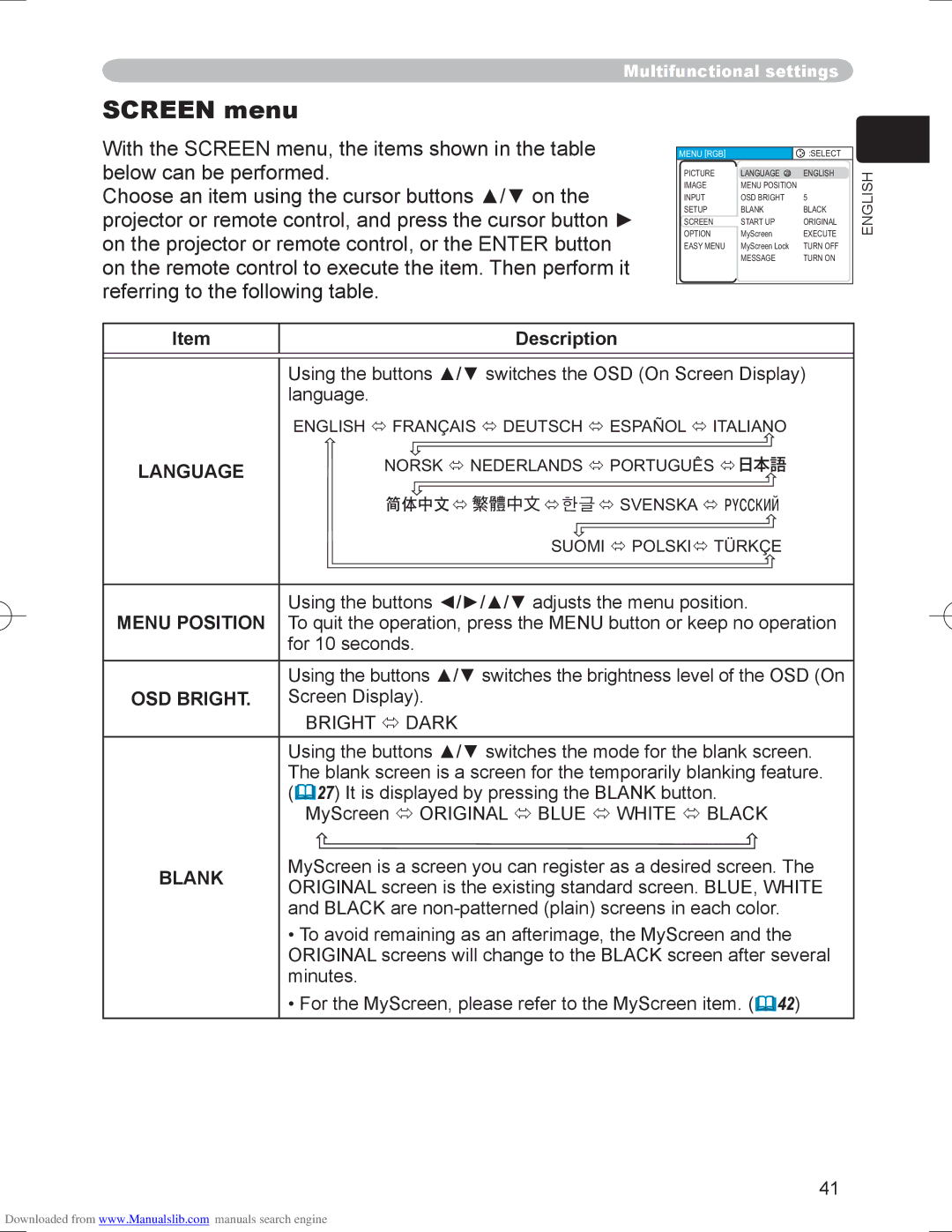 Hitachi PJ-LC9 user manual Screen menu, Menu Position, Bright  Dark 