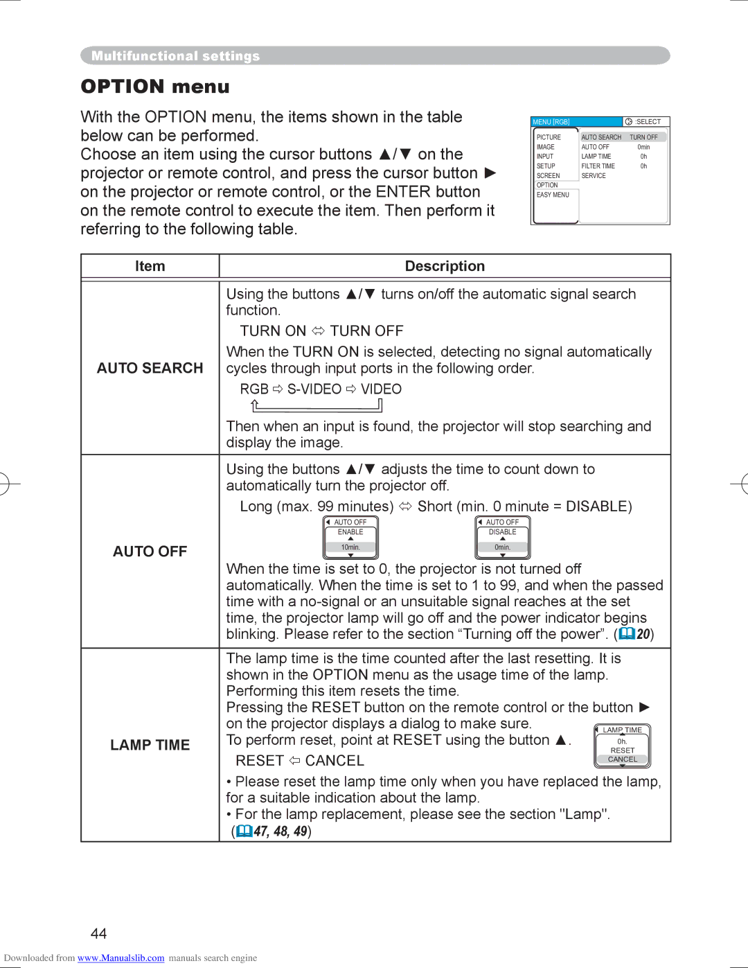 Hitachi PJ-LC9 user manual Option menu, RGB  S-VIDEO  Video, Auto OFF, Lamp Time, Reset  Cancel 