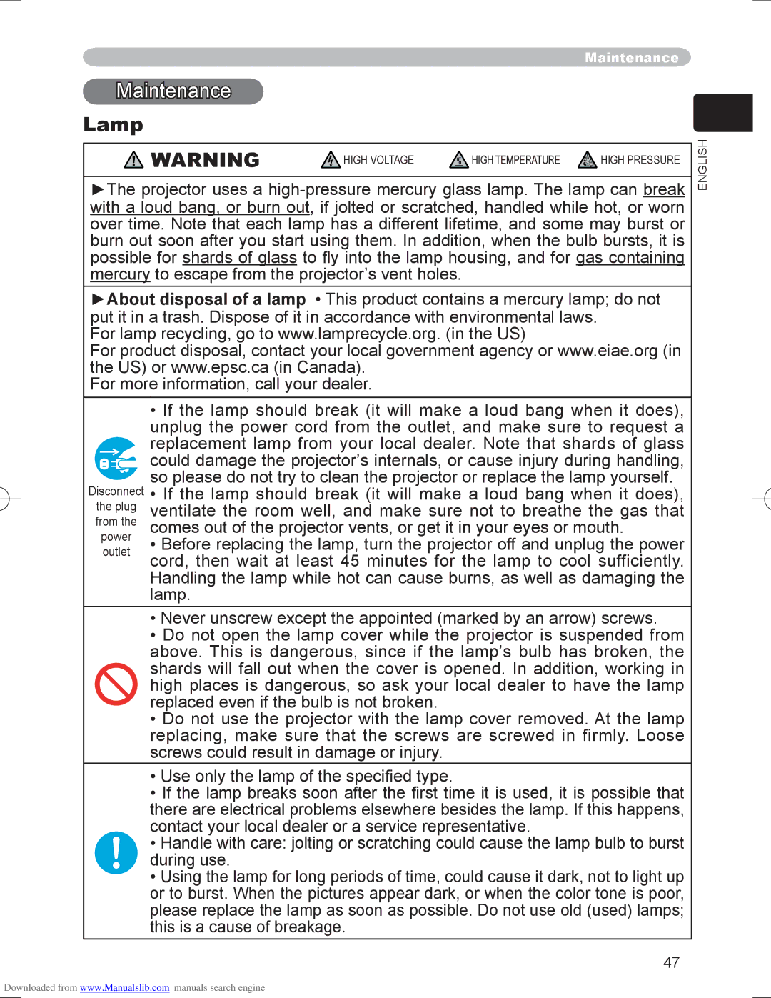 Hitachi PJ-LC9 user manual Lamp 