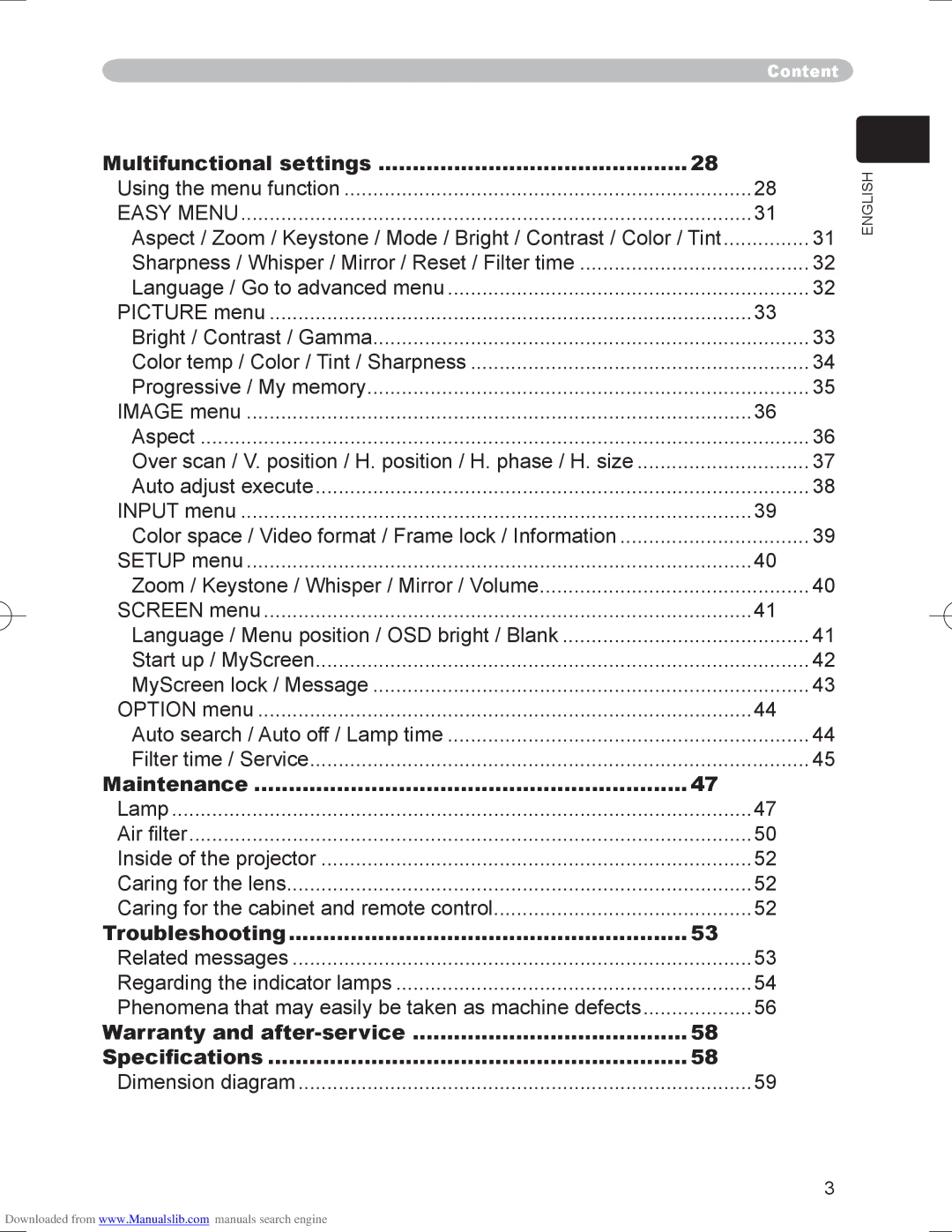 Hitachi PJ-LC9 user manual Multifunctional settings, Easy Menu 