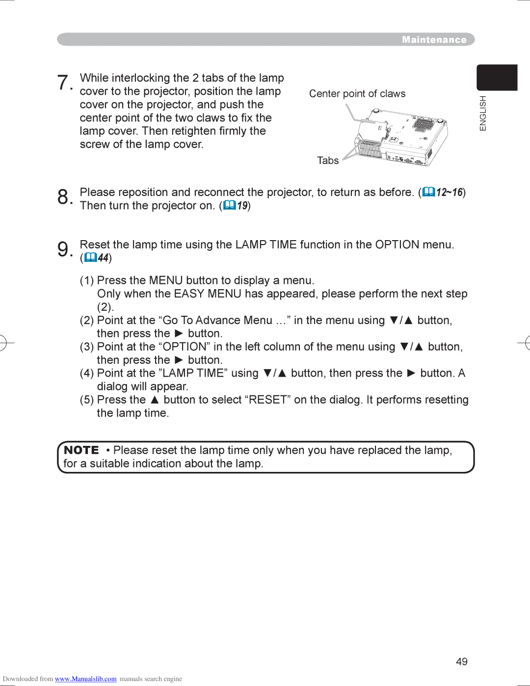 Hitachi PJ-LC9 user manual Center point of claws Tabs 