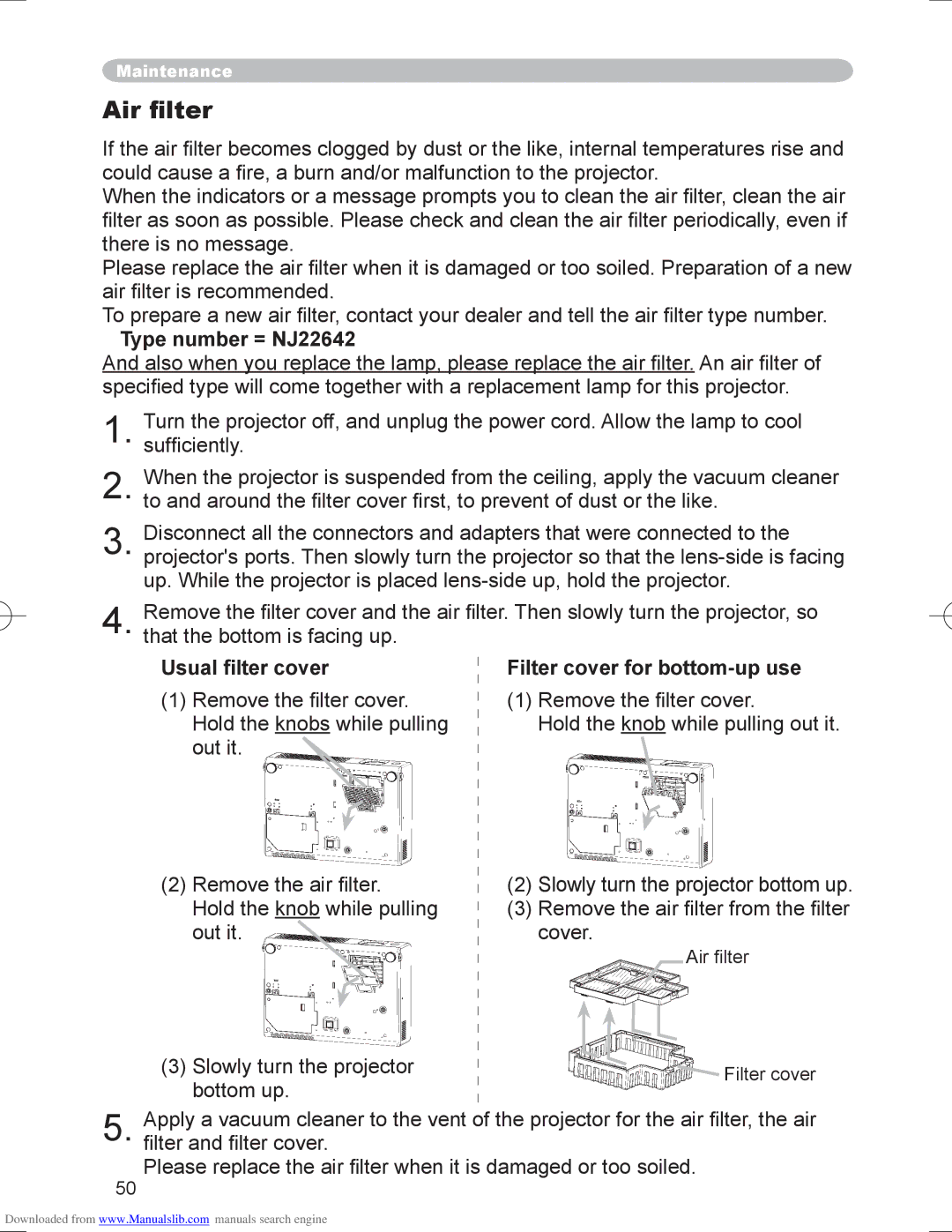 Hitachi PJ-LC9 user manual Air ﬁlter, Type number = NJ22642, Usual ﬁlter cover, Filter cover for bottom-up use 