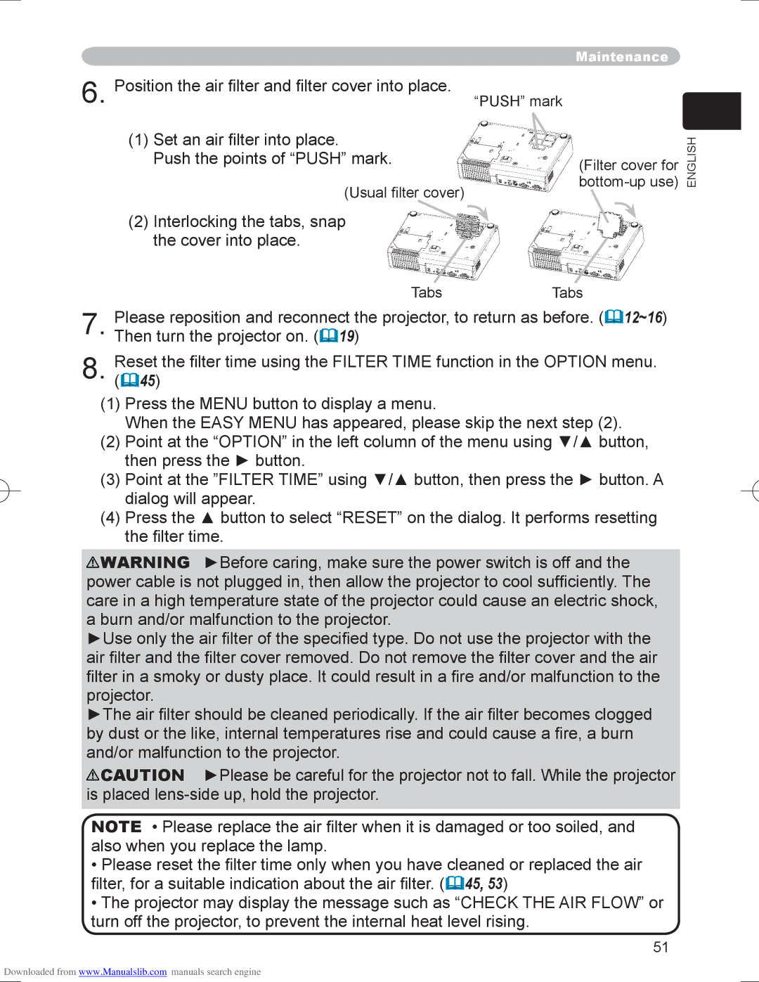 Hitachi PJ-LC9 user manual Position the air ﬁlter and ﬁlter cover into place 