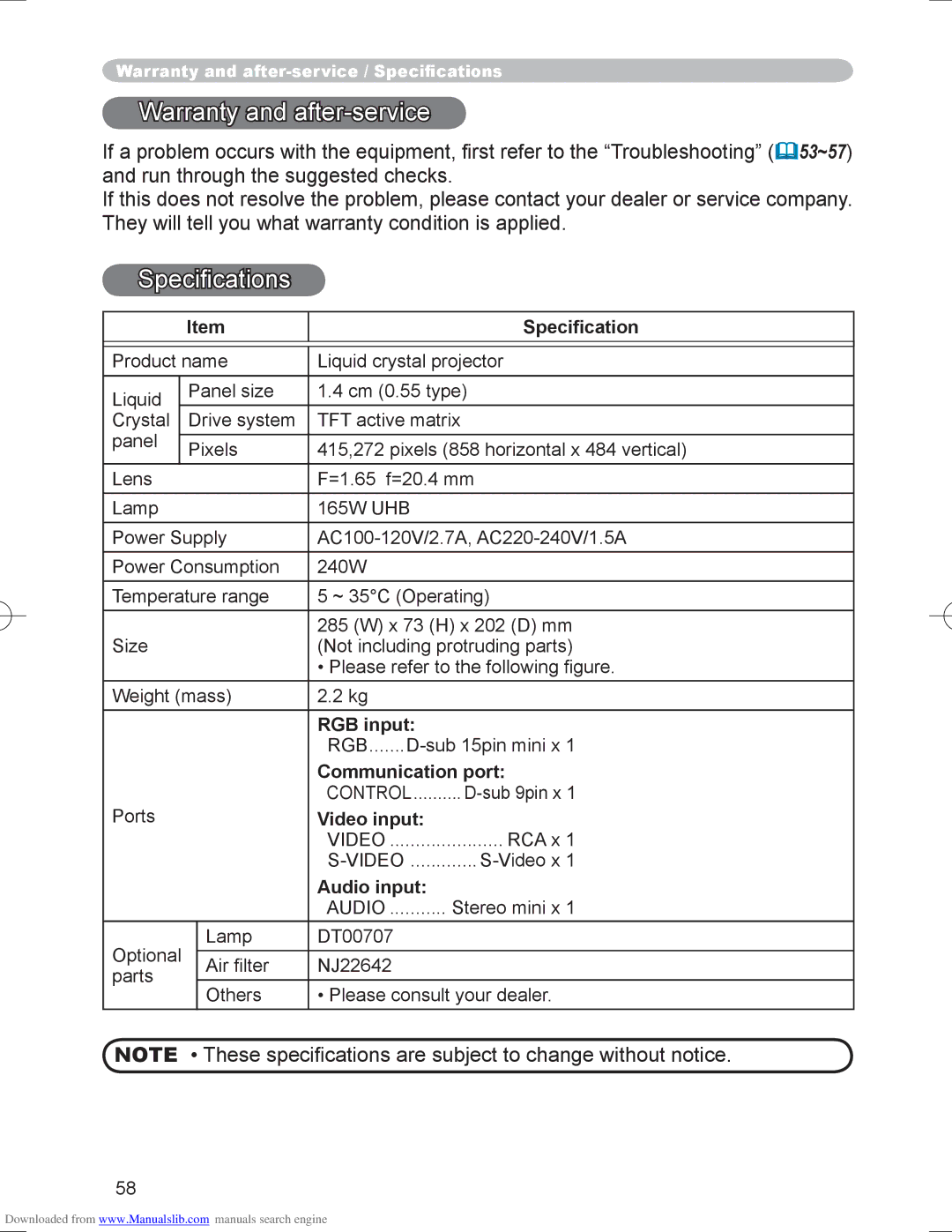 Hitachi PJ-LC9 user manual Speciﬁcation, RGB input, Communication port, Video input, Audio input 