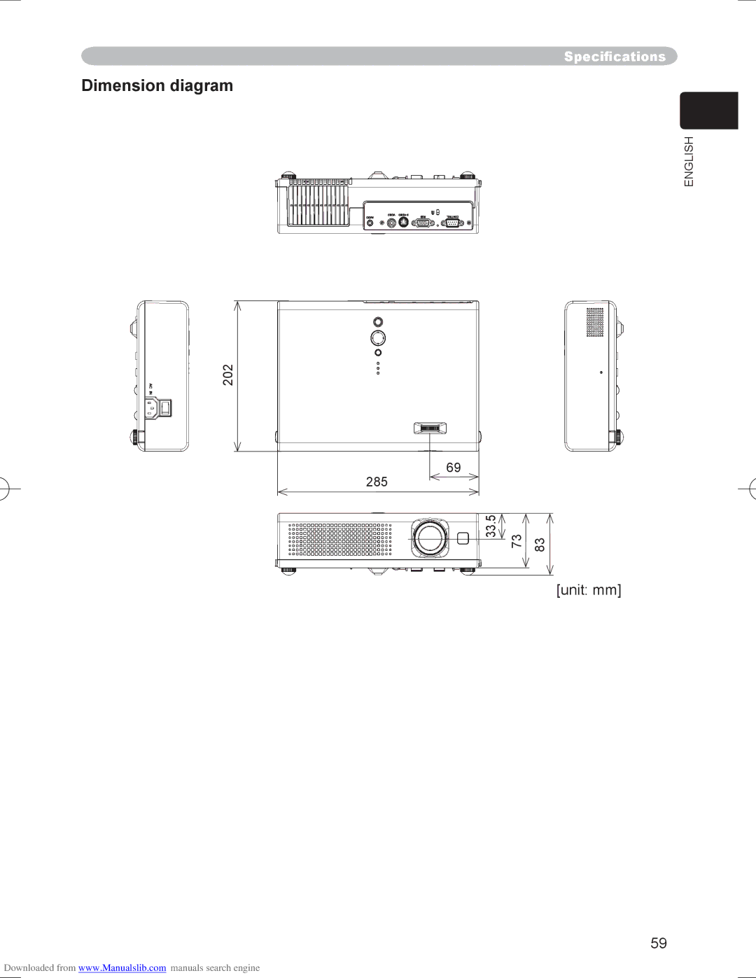 Hitachi PJ-LC9 user manual Dimension diagram 