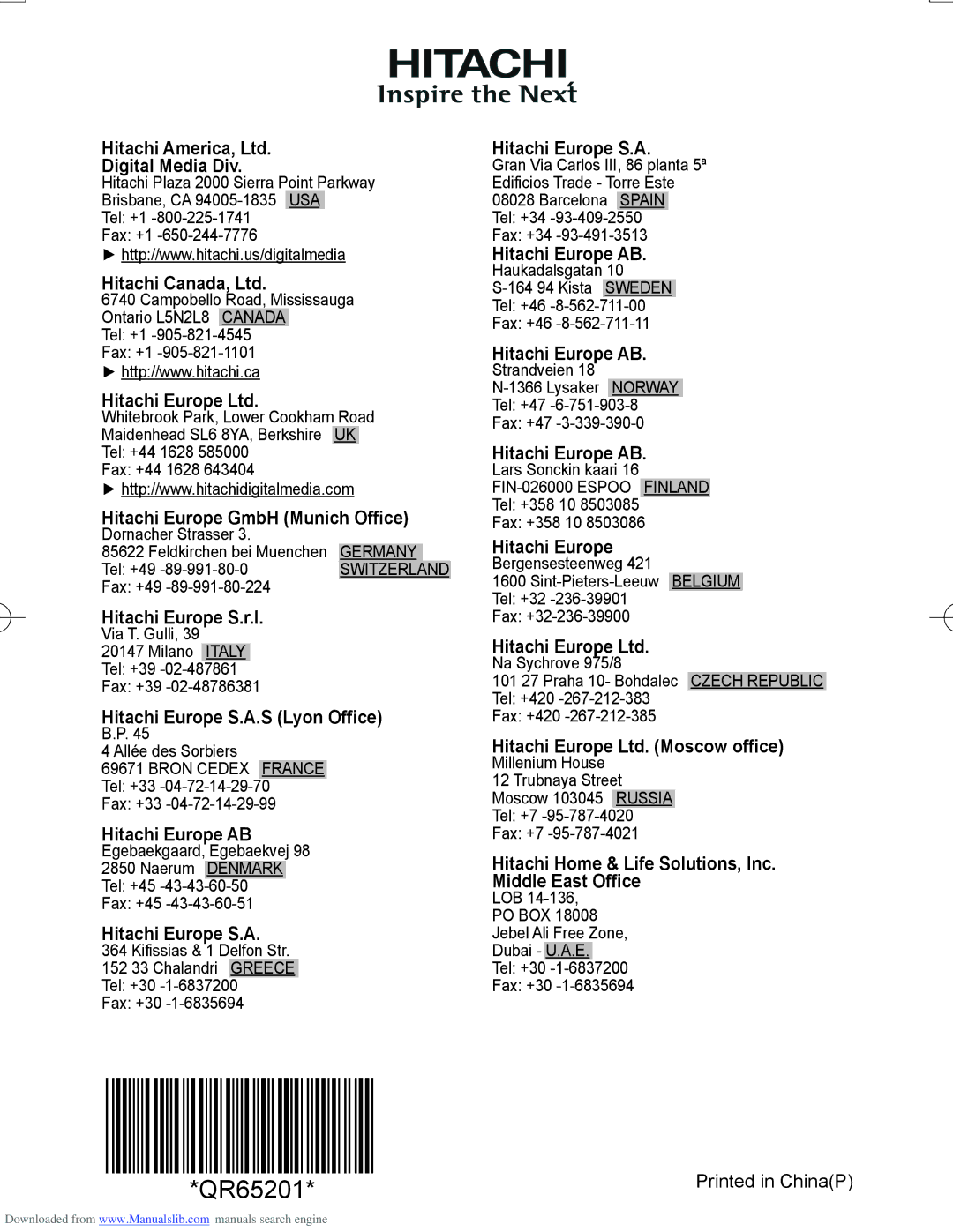 Hitachi PJ-LC9 user manual Digital Media Div, Hitachi Europe GmbH Munich Office, Hitachi Europe S.r.l, Hitachi Europe S.A 