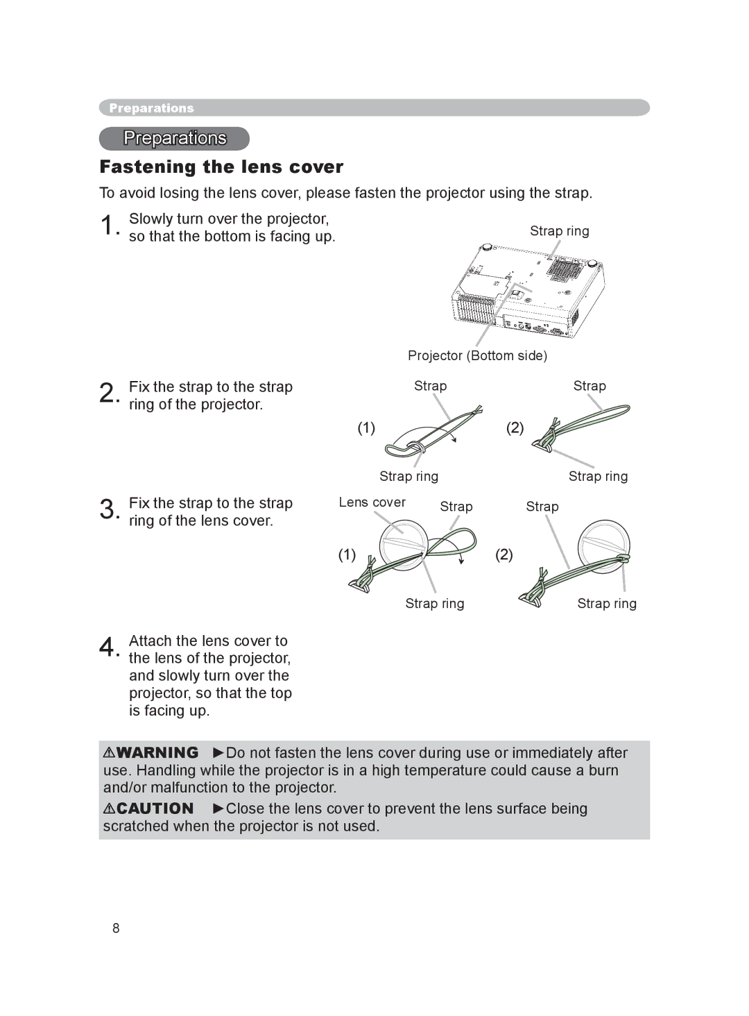 Hitachi PJ-LC9 user manual Fastening the lens cover, Projector Bottom side, Strap ring, Lens cover Strap 