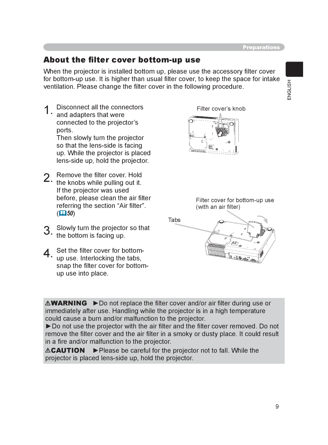 Hitachi PJ-LC9 user manual About the ﬁlter cover bottom-up use, Tabs 