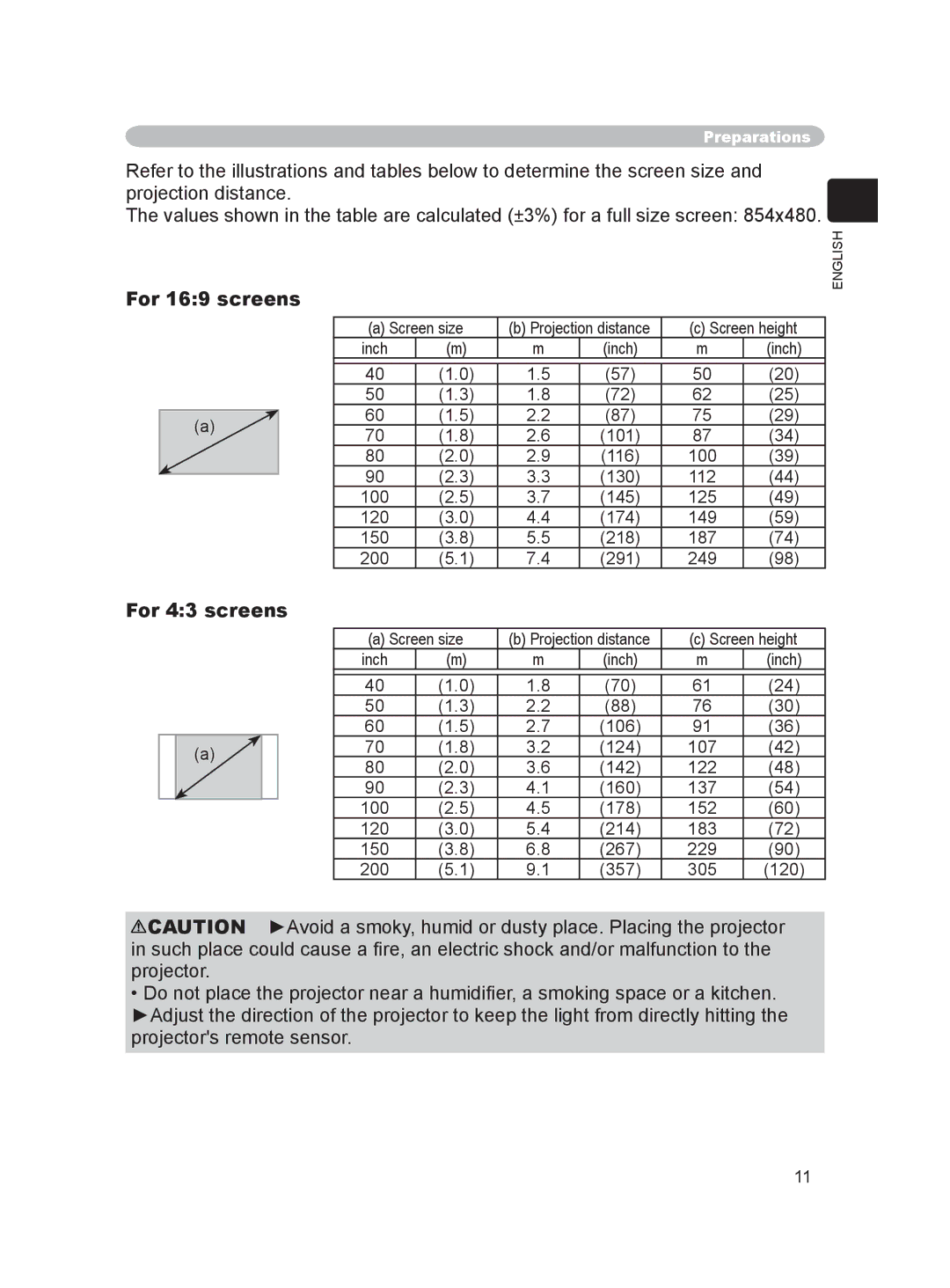 Hitachi PJ-LC9 user manual For 169 screens, For 43 screens, Screen size Projection distance Screen height Inch, 120 