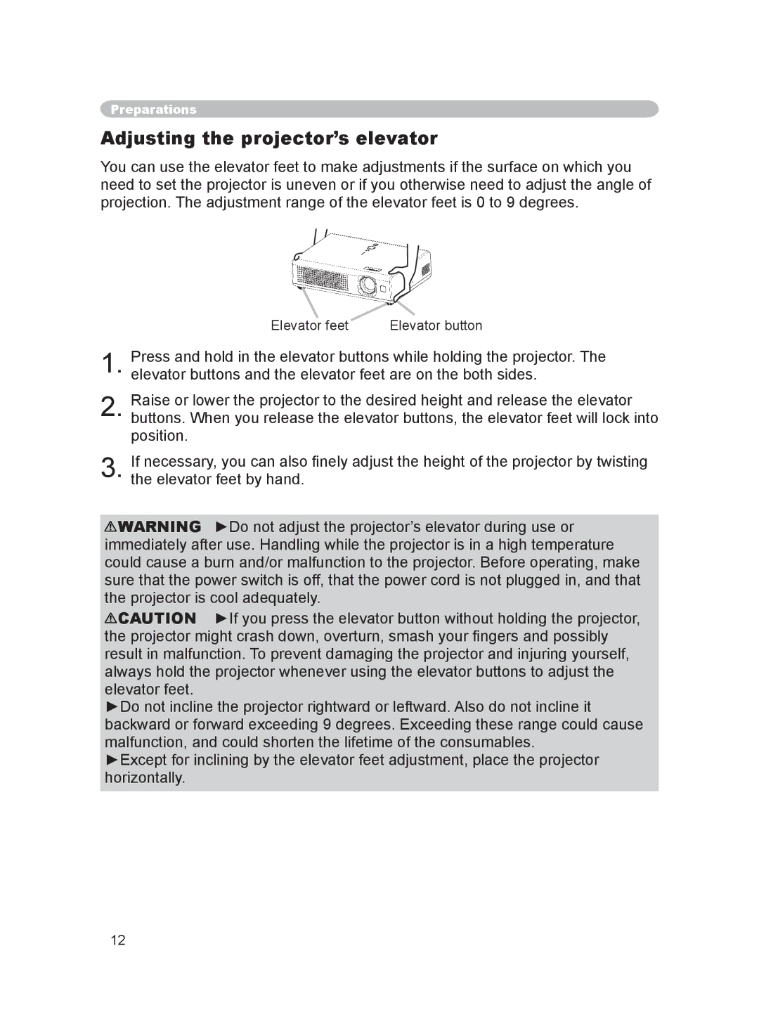 Hitachi PJ-LC9 user manual Adjusting the projector’s elevator, Elevator feet Elevator button 