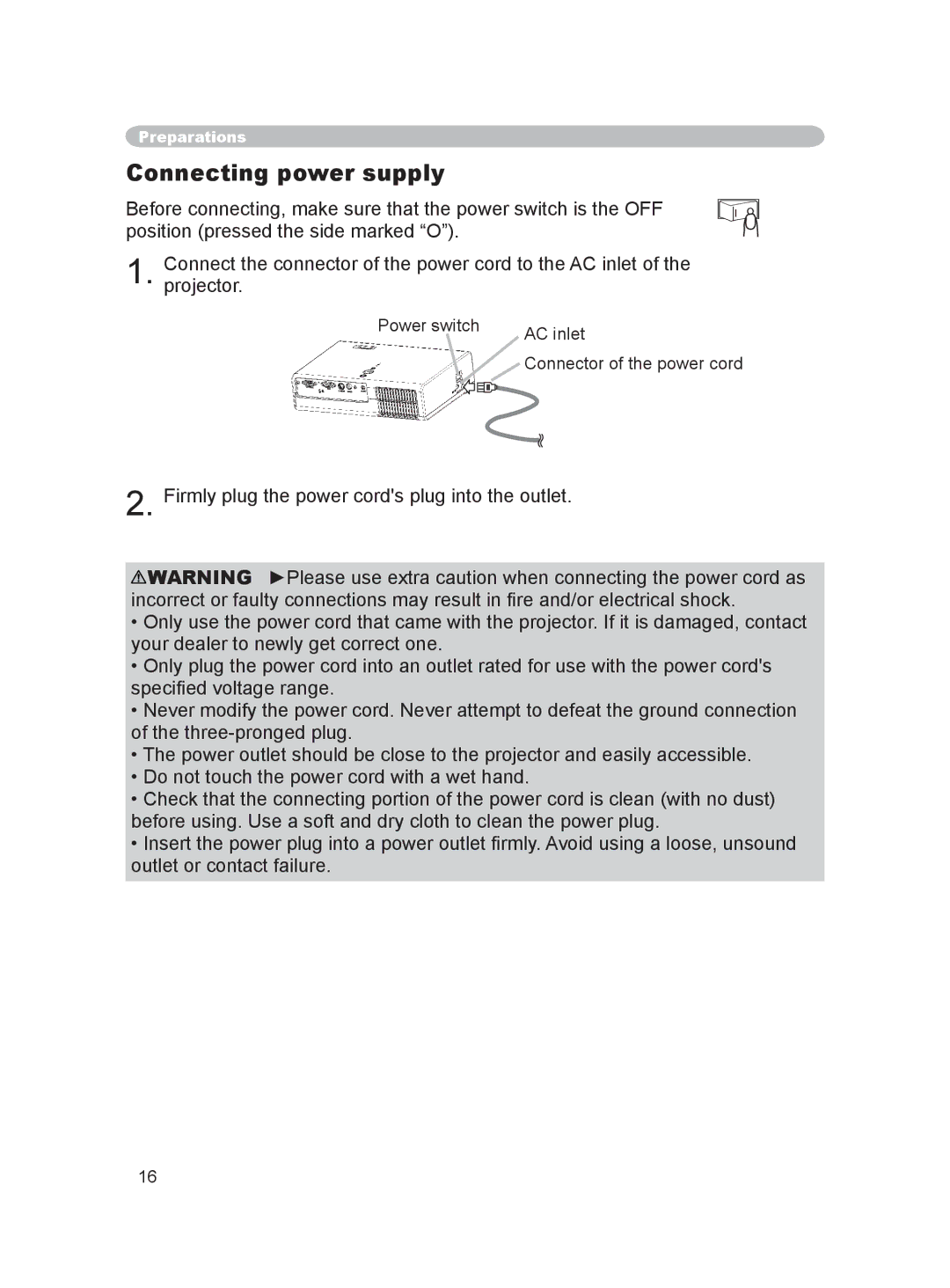 Hitachi PJ-LC9 user manual Connecting power supply, Power switch AC inlet 