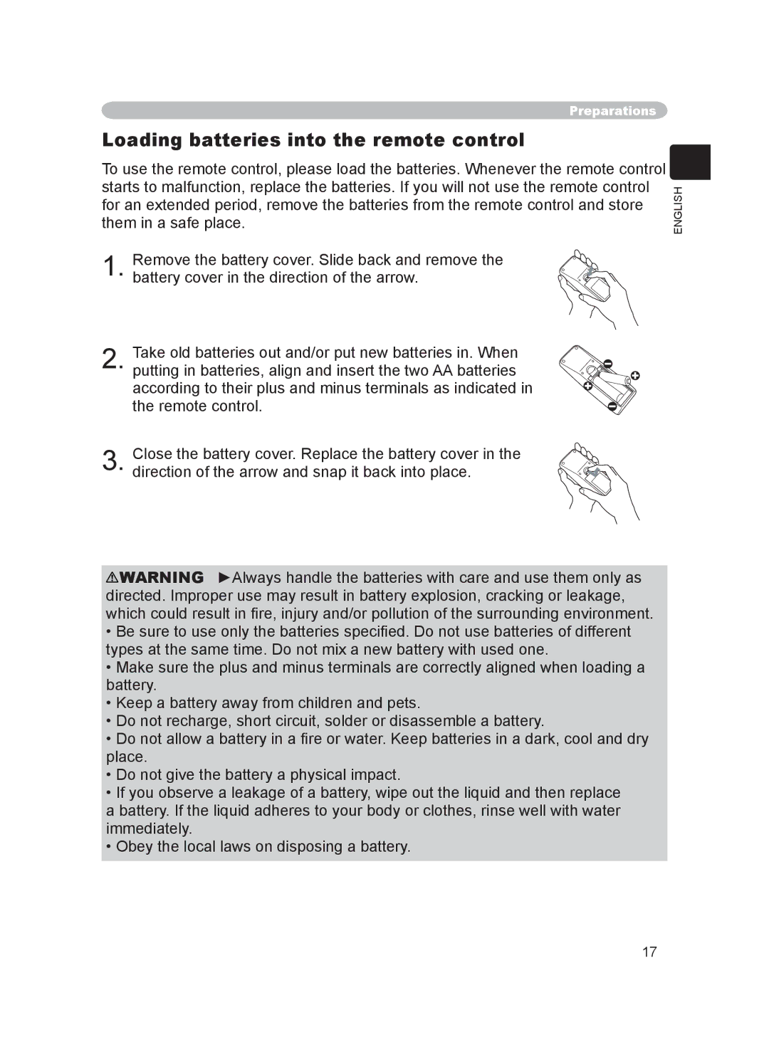 Hitachi PJ-LC9 user manual Loading batteries into the remote control 