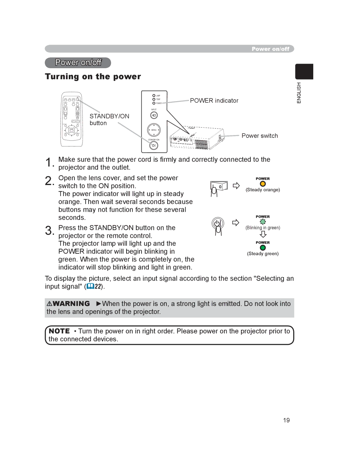 Hitachi PJ-LC9 user manual Turning on the power, Standby/On, Button Power switch 