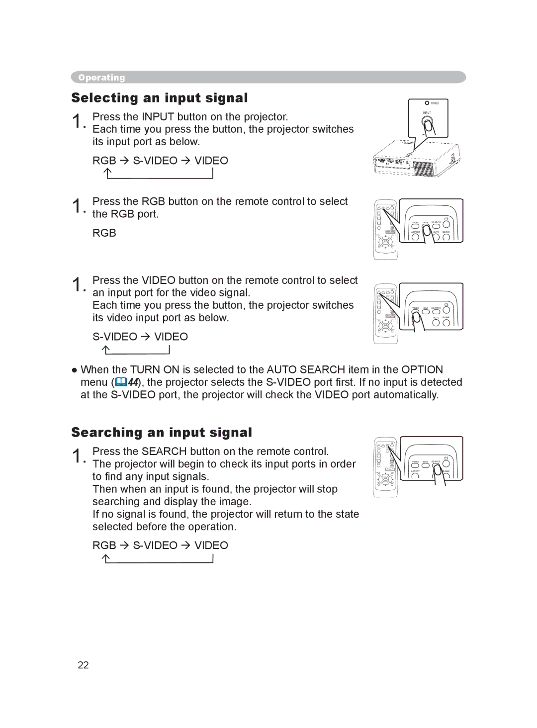 Hitachi PJ-LC9 user manual Selecting an input signal, Searching an input signal 