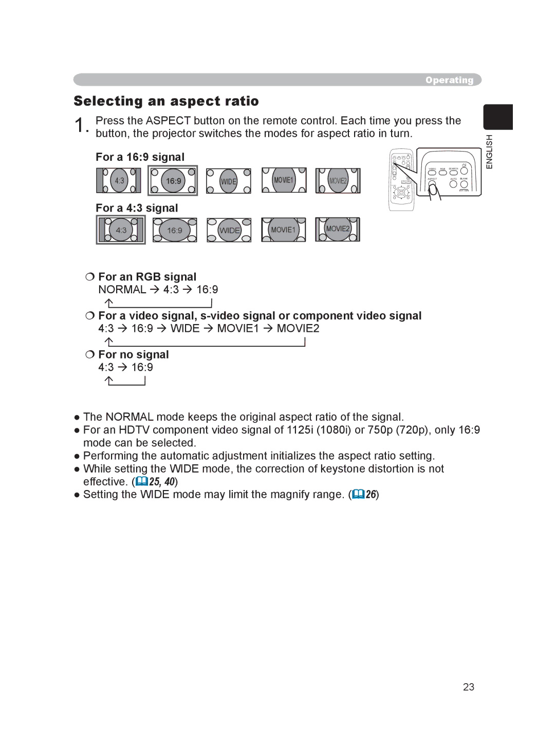 Hitachi PJ-LC9 user manual Selecting an aspect ratio, For a 169 signal, For a 43 signal 