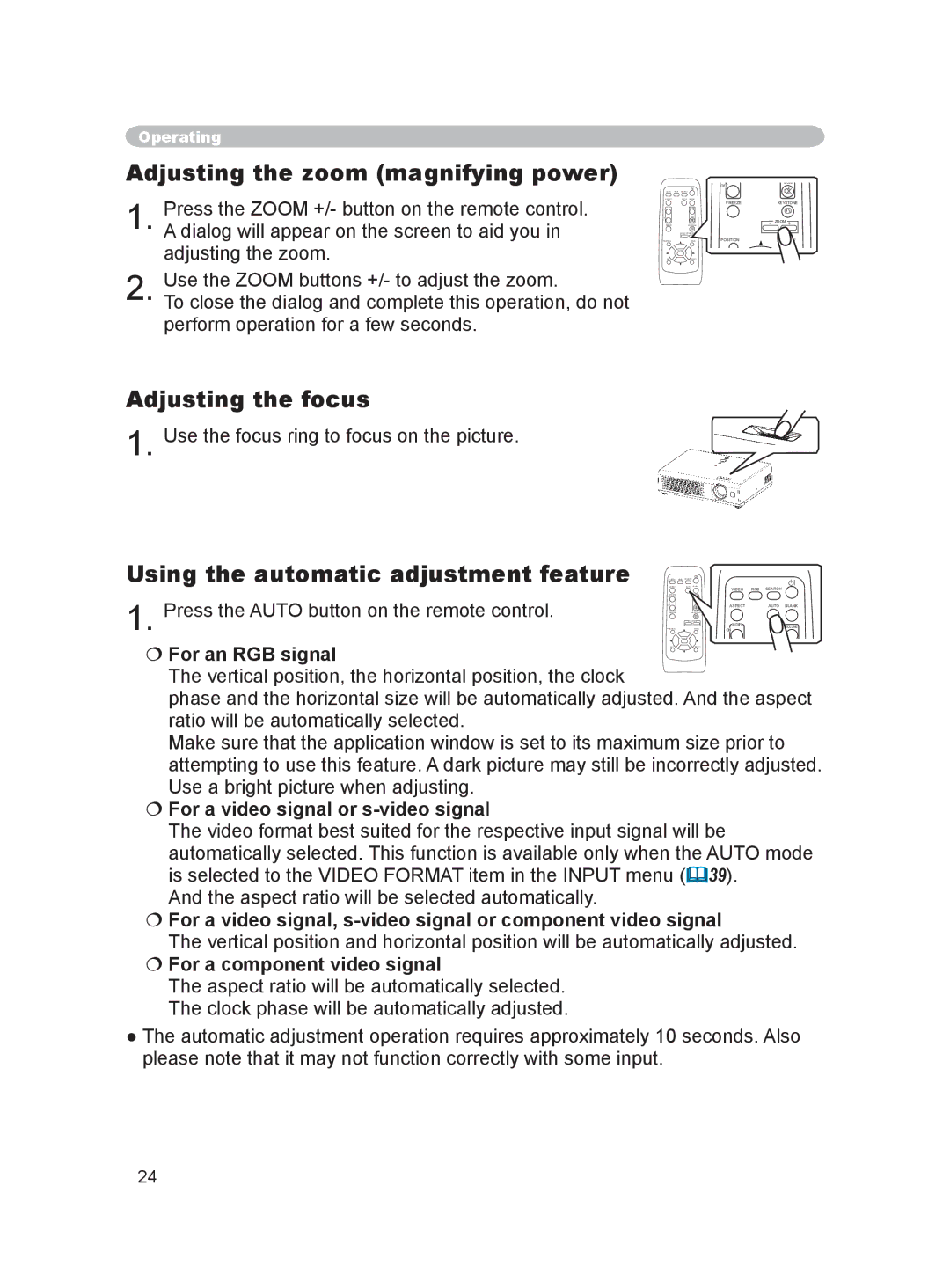 Hitachi PJ-LC9 user manual Adjusting the zoom magnifying power, Adjusting the focus, Using the automatic adjustment feature 