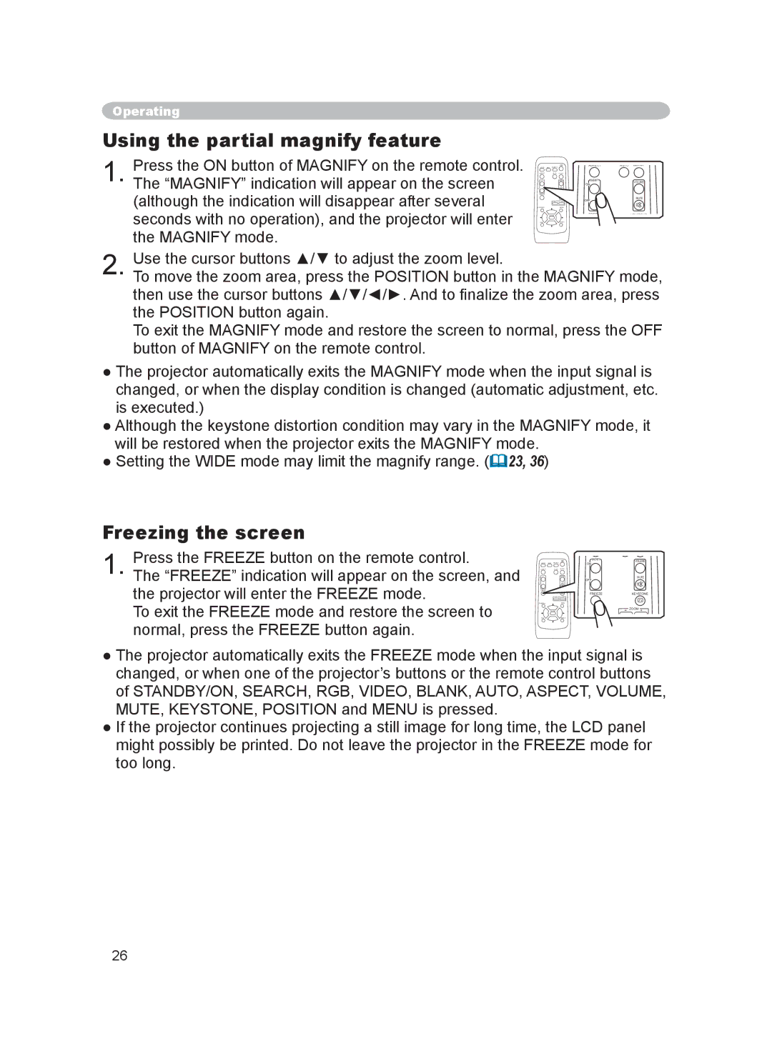 Hitachi PJ-LC9 user manual Using the partial magnify feature, Freezing the screen 