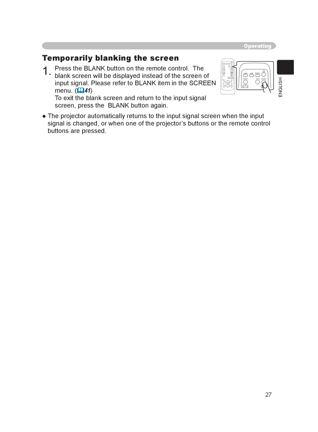 Hitachi PJ-LC9 user manual Temporarily blanking the screen 