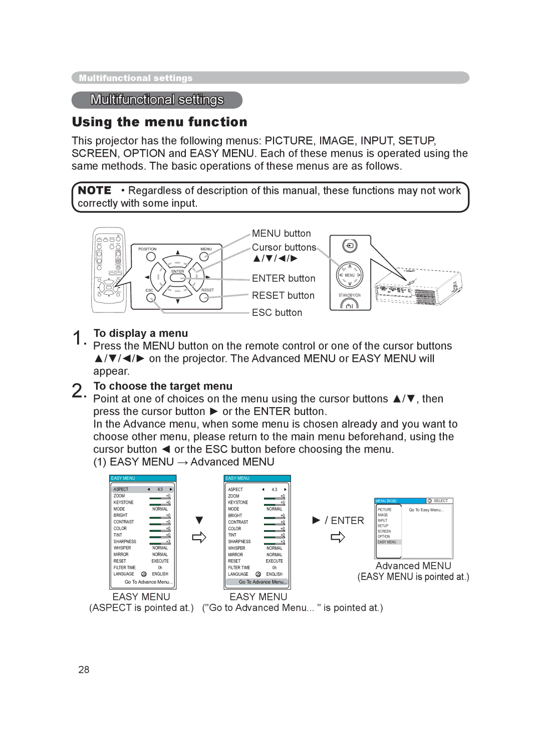 Hitachi PJ-LC9 user manual Using the menu function, To display a menu, To choose the target menu 