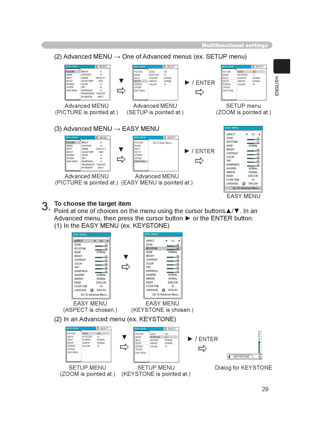 Hitachi PJ-LC9 user manual To choose the target item, Enter, Setup Menu 