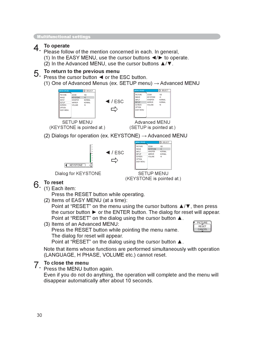 Hitachi PJ-LC9 user manual To operate, To return to the previous menu, To reset, To close the menu, Esc 