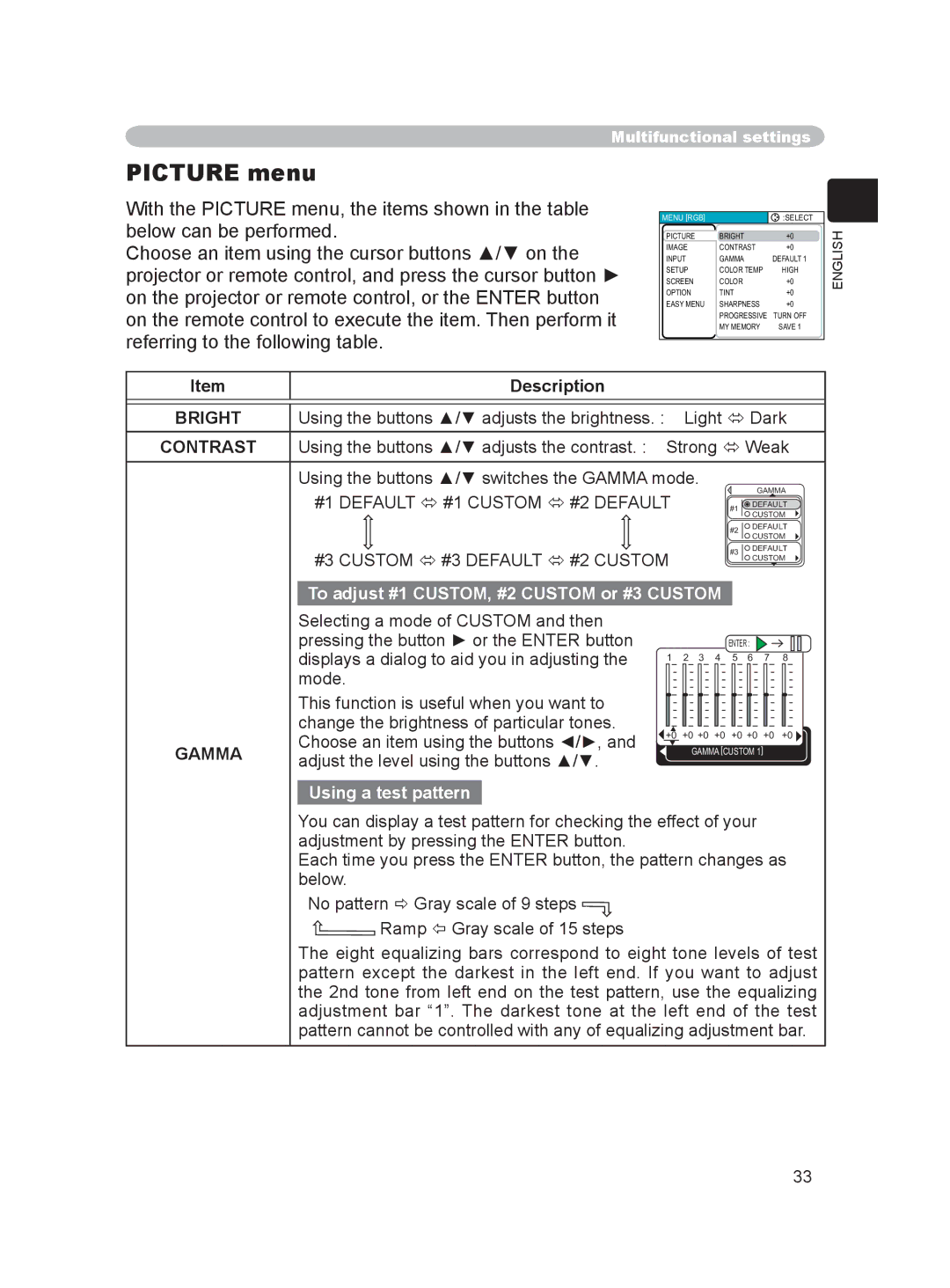 Hitachi PJ-LC9 user manual Picture menu, #1 Default  #1 Custom  #2 Default, #3 Custom  #3 Default  #2 Custom, Gamma 