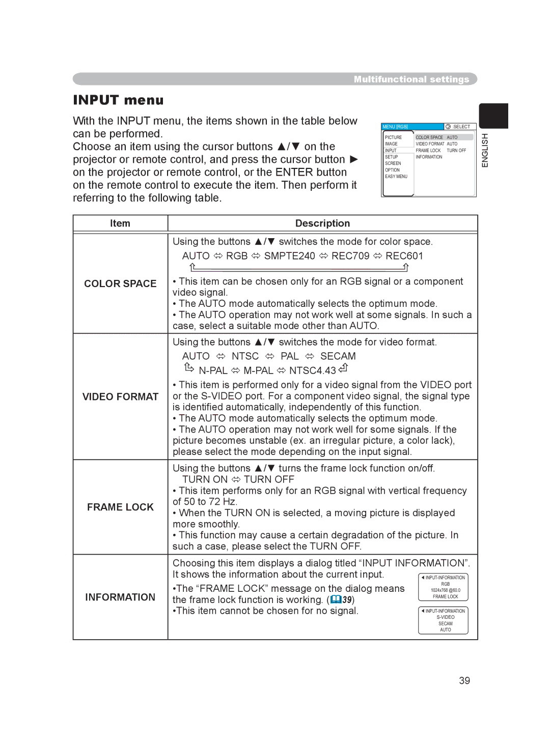 Hitachi PJ-LC9 user manual Input menu, Color Space, Auto  Ntsc  PAL  Secam, Turn on  Turn OFF, Frame Lock 