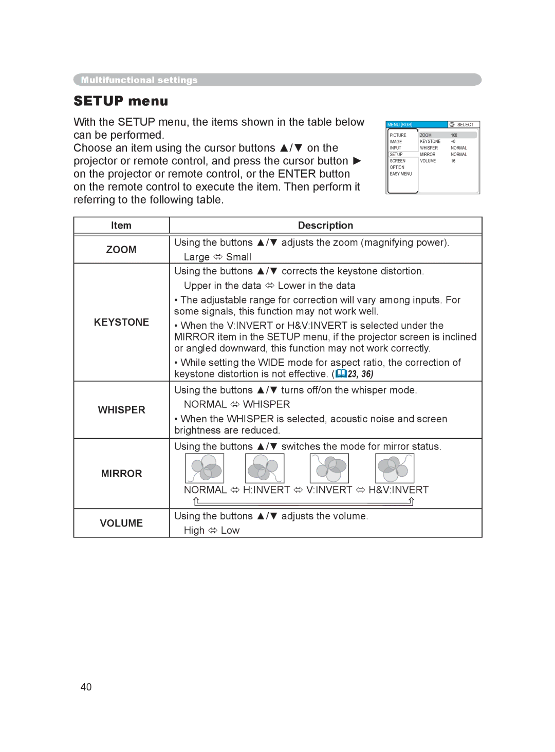 Hitachi PJ-LC9 user manual Setup menu, Normal  Whisper, Normal  Hinvert  Vinvert  H&VINVERT, Volume 