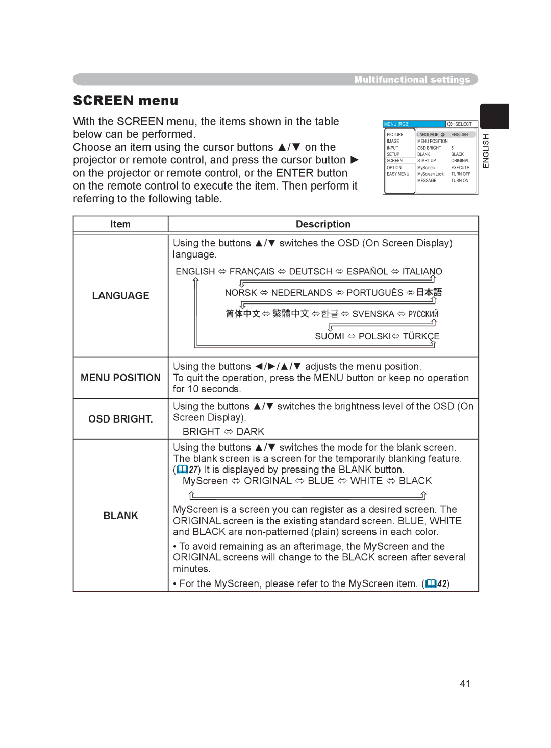 Hitachi PJ-LC9 user manual Screen menu, Menu Position, OSD Bright, Bright  Dark, Blank 