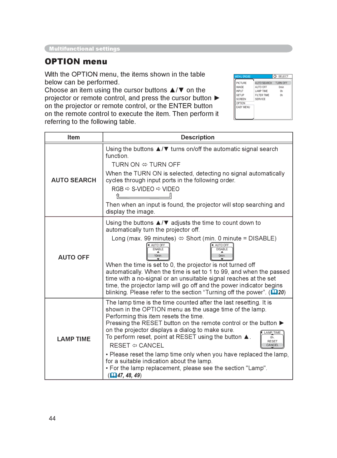 Hitachi PJ-LC9 user manual Option menu, RGB  S-VIDEO  Video, Auto OFF, Lamp Time, Reset  Cancel 