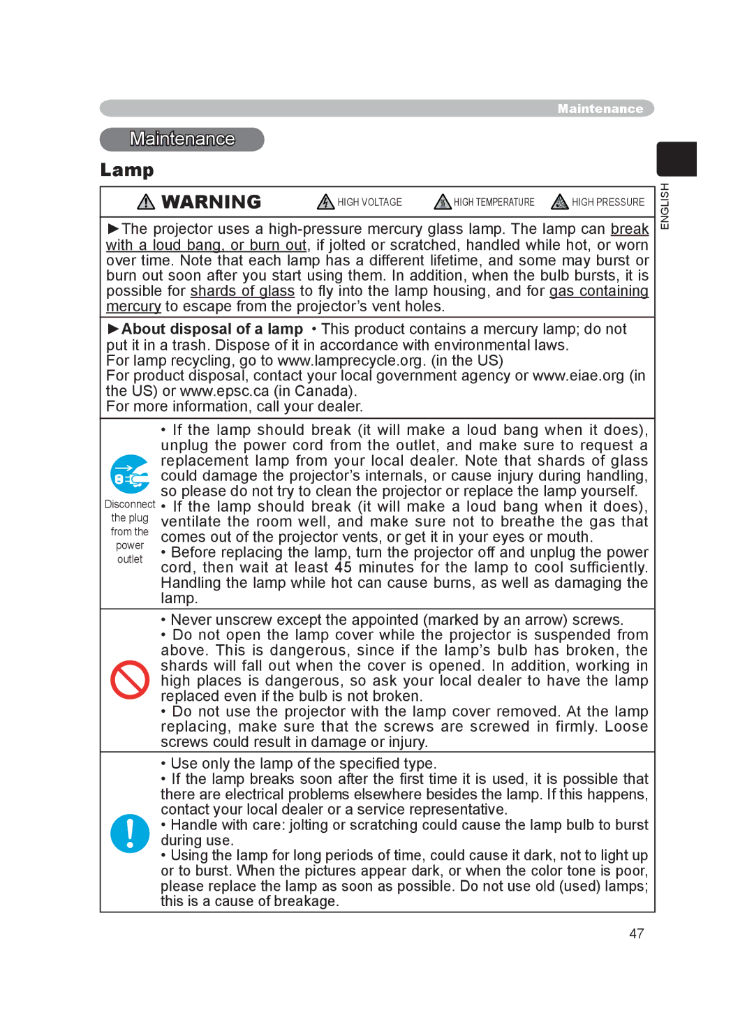 Hitachi PJ-LC9 user manual Lamp 