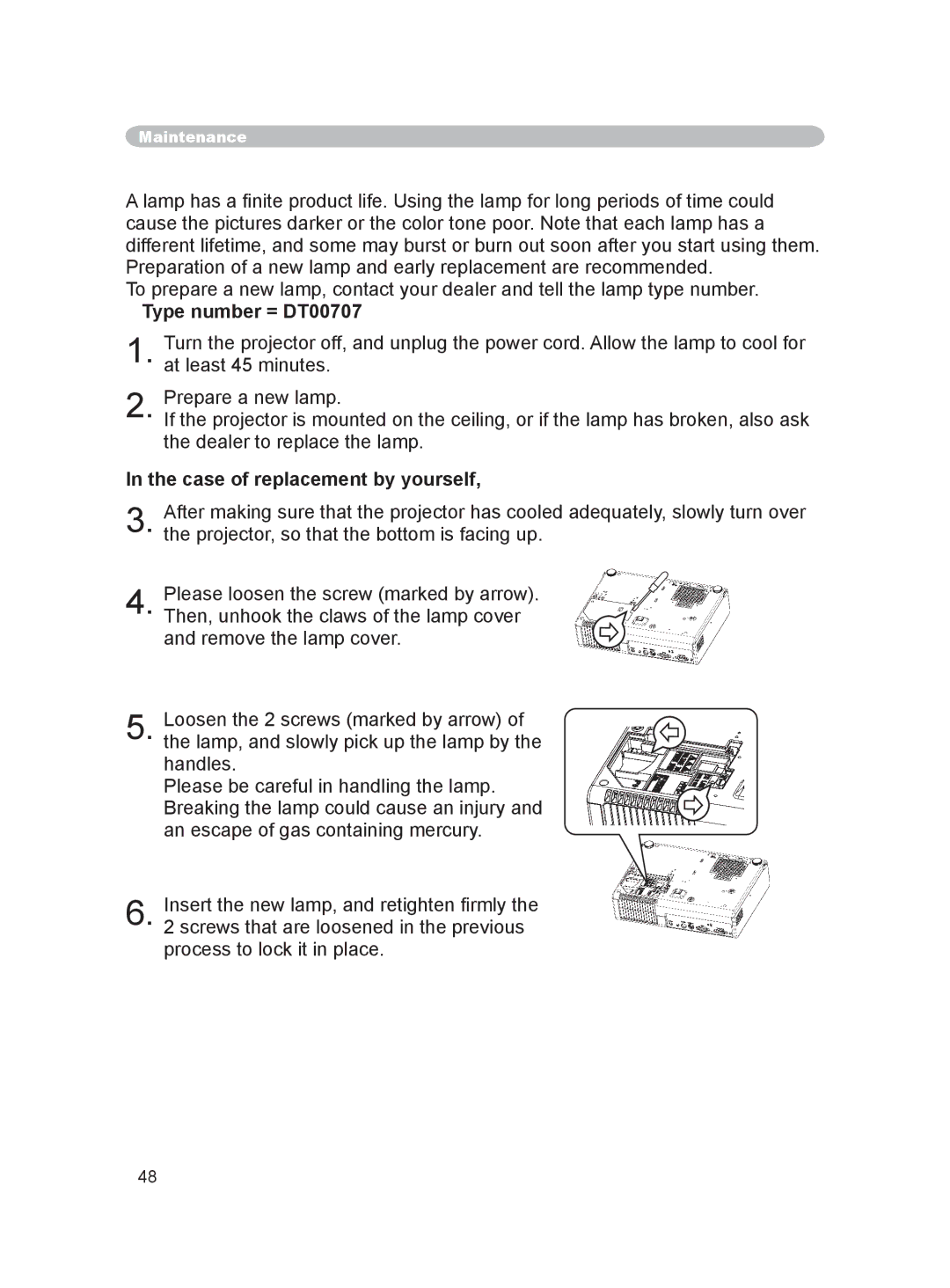 Hitachi PJ-LC9 user manual Type number = DT00707, Case of replacement by yourself 