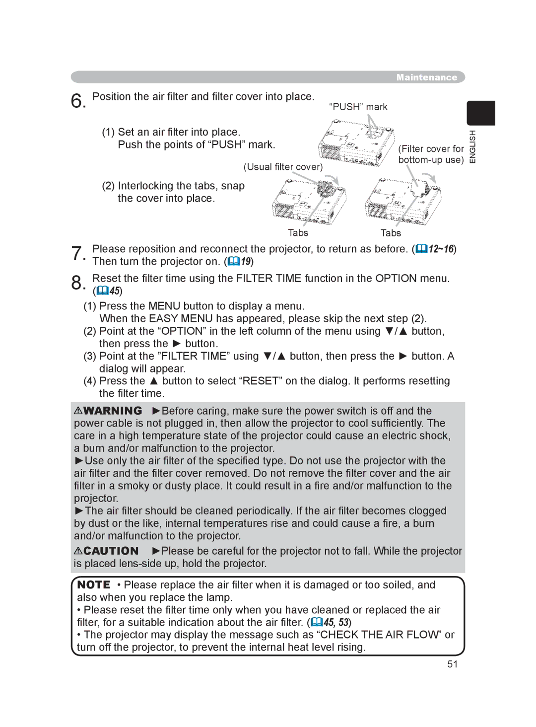 Hitachi PJ-LC9 user manual Push mark, Usual ﬁlter cover 