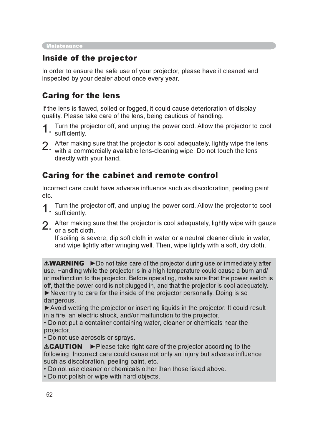 Hitachi PJ-LC9 user manual Inside of the projector, Caring for the lens, Caring for the cabinet and remote control 