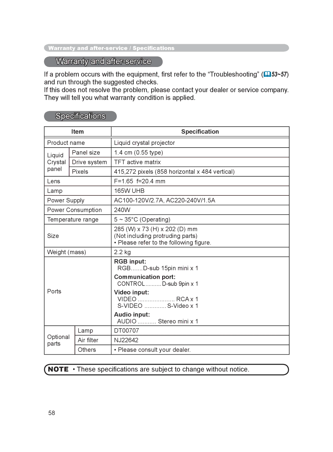 Hitachi PJ-LC9 user manual Speciﬁcation, RGB input, Communication port, Video input, Audio input 