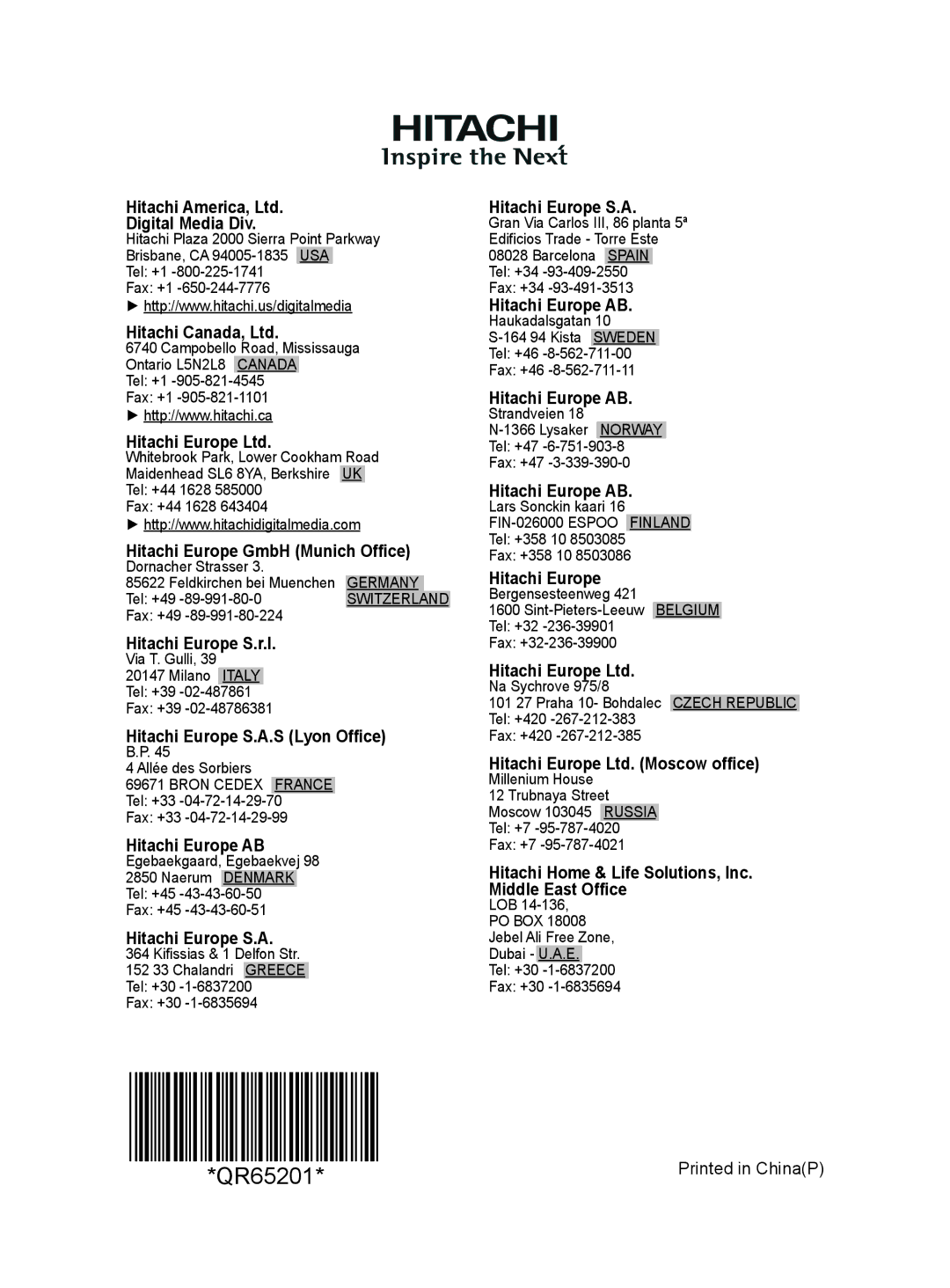 Hitachi PJ-LC9 user manual Digital Media Div, Hitachi Europe GmbH Munich Office, Hitachi Europe S.r.l, Hitachi Europe AB 